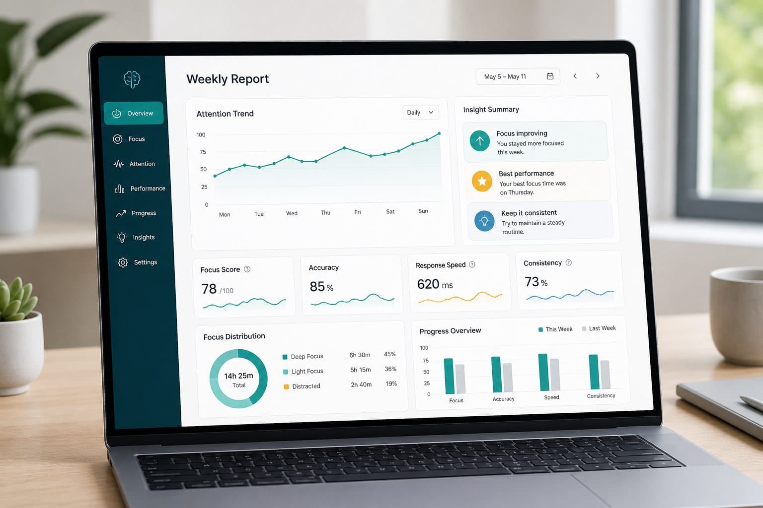 AI cognitive coaching weekly report dashboard with attention trend, accuracy, response speed, and focus insights