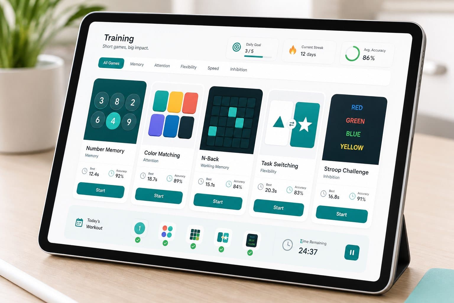 Brain training app interface showing number memory, color matching, n-back, task switching, and Stroop games